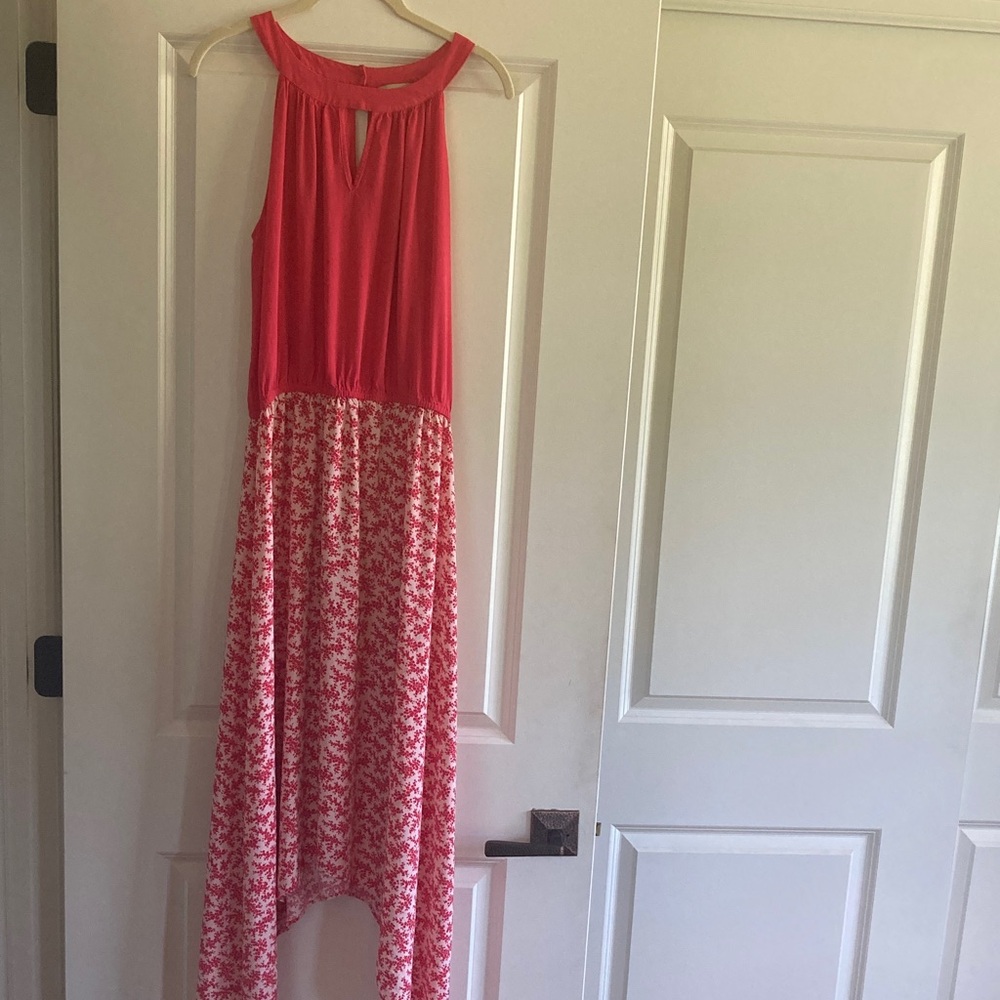 Lark & Ro Sleeveless Handkerckief Maxi Dress, Reddish Coral/Ivory. Sz. L